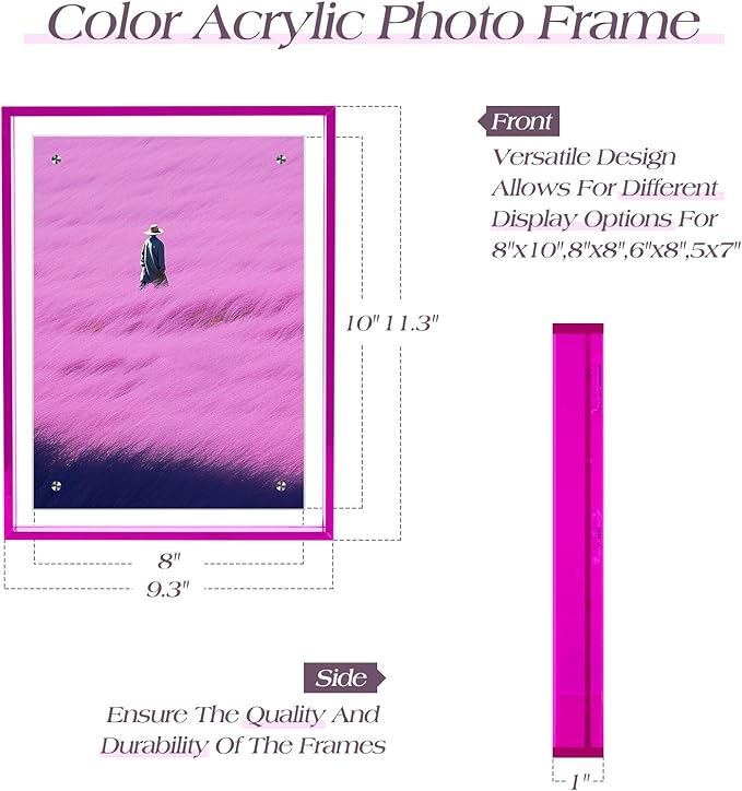 TWING 8x10 Picture Frame, Acrylic Photo Frame Self Standing Magnetic Color Floating Picture Frame Use as 8x10, 8x8, 6x8-Horizontal and Vertical Formats for Wall and Tabletop Display, Purple, 1 Pack