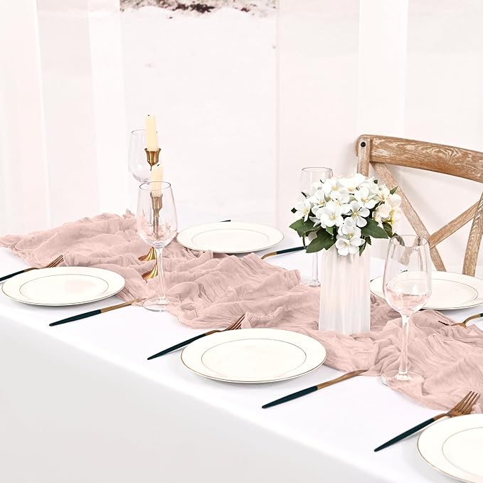 8 Pack Dusty Pink Cheesecloth Table Runner 10FT Boho Gauze Cheese Cloth Table Runner Rustic Sheer Fabric Table Runners for Wedding Bridal Shower Baby Shower Party(21.5×120 Inch)