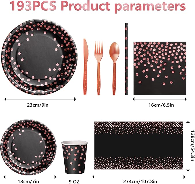 Nkaiso Paper Plates and Napkins Set, 193 Pieces Black and Rose Gold Party Supplies Includes Paper Plates Cups Napkins Straws and Cutlery for Birthday Wedding Holidays Parties Decorations-24 Guests