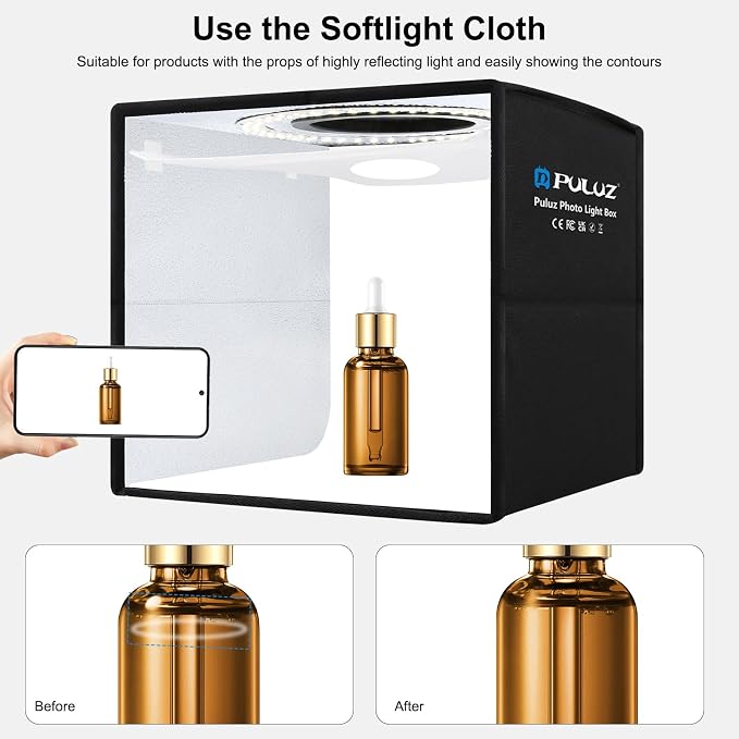 PULUZ 10x10 inch Mini Photo Studio Light Box, Portable Folding Photography Light Tent Kit with CRI >95 104pcs LED Dimmable Light & 6 Sheets of 12 Colors Backgrounds for Small Size Products