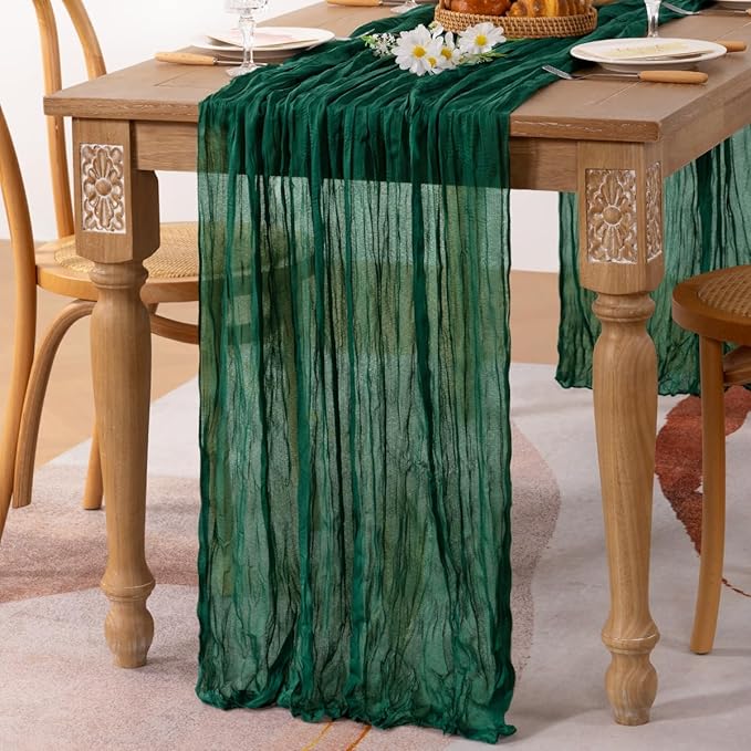 MLMC 3 Pack Emerald Green Cheesecloth Table Runner Boho Dark Green Cheese Cloth Table Runner 10ft Sheer Gauze Cheesecloth Decorations for Wedding Home Party Decor