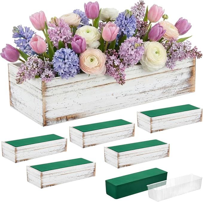 Dandat 6 Set Wood Boxes for Centerpieces 12x4 Inch Rectangle Wooden Planter Box Rustic Wooden Planters with Removable Plastic Liner Floral Foam Blocks for Christmas Wedding Home Garden Decor(White)