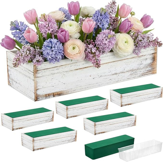 Dandat 6 Set Wood Boxes for Centerpieces 12x4 Inch Rectangle Wooden Planter Box Rustic Wooden Planters with Removable Plastic Liner Floral Foam Blocks for Christmas Wedding Home Garden Decor(White)