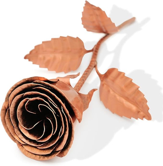 Copper Rose with Stand for 7th or 22nd Anniversary – Handmade Pure Copper Flower with Hammered Stand – Romantic Wedding Gift for Wife or Her