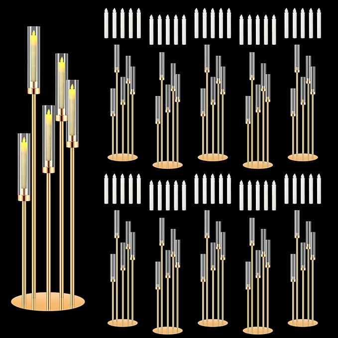 10 Pack Gold Candelabras Centerpieces for Tables, 42" 5 Arm Candle Holders | 10 centerpieces with 50 LED candles; gold finish; stable metal base; ideal for weddings parties