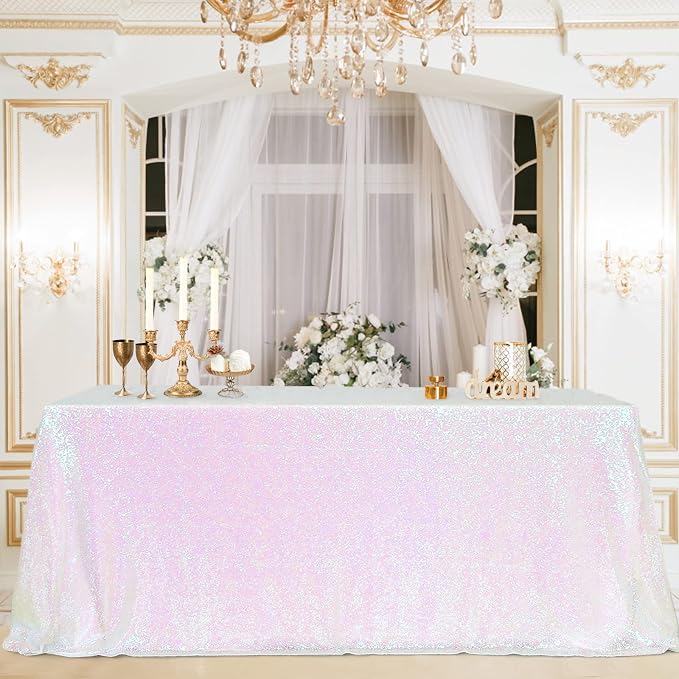 B-COOL White Iridescent Sequin Tablecloth Mermaid Table Cloth Overlays Rectangle Sequins Table Linen Seamless Rectangle Tablecloth for Wedding Parties Birthday 60x102inch