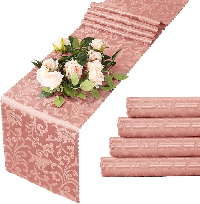 MILVOWOC 4 Pack Rose Gold Satin Table Runner, 12 x 72 Inch Jacquard Damask Rectangle Bright Silky Decorative Table Runner for Party Banquet Birthday Dinner Wedding Table Decor