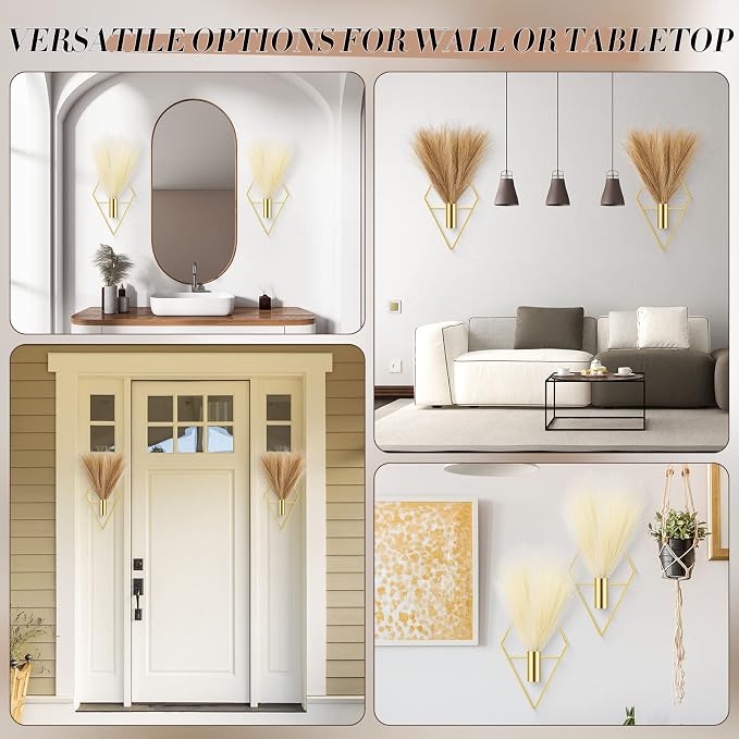 Hanaive 4 Sets Boho Gold Wall Decor Metal Wall Art Hanging Planters with Artificial Pampas Display Art Modern Home Metal Vase for Bedroom Living Room Home Office(Gold, Beige, Dark Coffee)