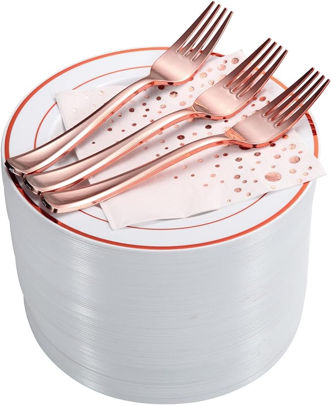 Stylish Rose Gold Dessert Plates, Forks and Cocktail Napkins (100 Set), 7.5 Inch Appetizer Plates or Salad Plates, Wedding Cake Plates, Disposable Plates for Wedding with Rose Gold Napkins