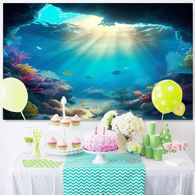 8x6ft Under The Sea Backdrop Underwater Blue Ocean Fish Coral Photography Background Kids Birthday Baby Shower Party Banner Cake Table Decorations Supplies Photo Booth Props