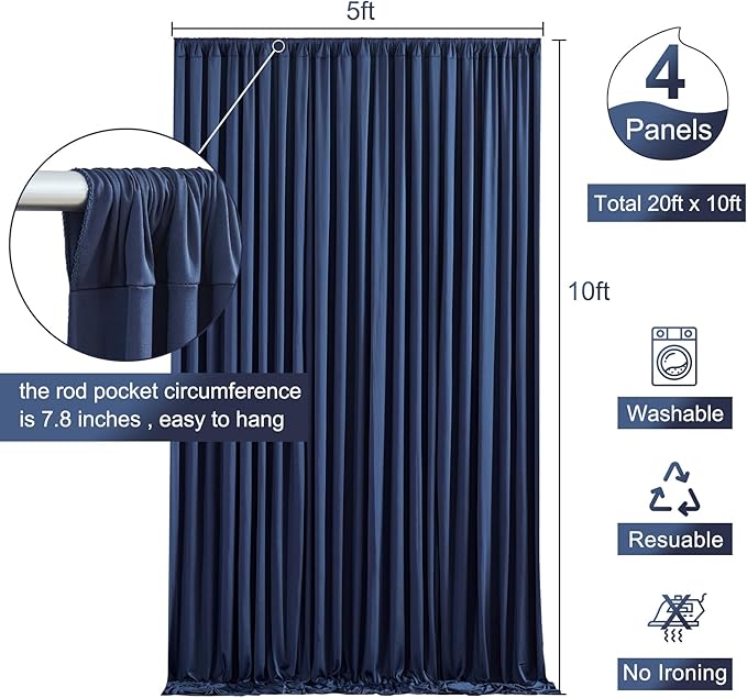 4 Panels Navy Blue Backdrop Curtain for Parties Wedding Wrinkle Free 20ft x 10ft Backdrop Drapes Panels for Baby Shower Gender Reveal Birthday Photo Photography Polyester Fabric Background Decoration