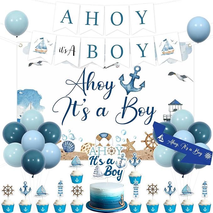Ahoy It's a Boy Baby Shower Decorations Blue Nautical Backdrop Banner Navy Blue Cake Cupcake Topper Sash Latex Balloons Ocean Ship Anchor Lighthouse Decor for Sailor Theme Baby Shower Ocean Party