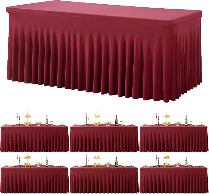6 Pack Burgundy Spandex Tablecloth for 8 Foot Rectangle Tables, Wrinkle Free Fitted Table Cloth Cover 8FT Maroon Stretchy Tablecloths with Skirt for Parties Weddings Birthday Banquet Baby Shower