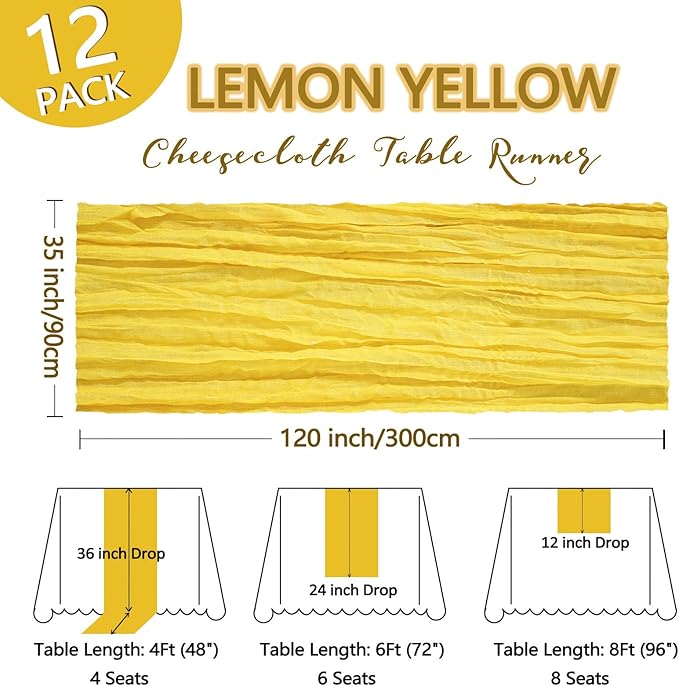 12 Pack Lemon Yellow Cheesecloth Table Runner 10Ft Spring Gauze Cheese Cloth Table Runner 35x120 Inch Boho Sheer Rustic Fabric for Party Decor Baby Shower Wedding Decorations