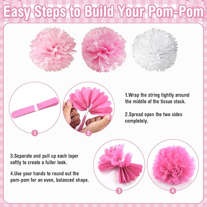 Pink Bow Birthday Decorations for Women Girls, Happy Birthday Balloon Banner with Bow and Heart Foil Balloons Fringe Curtain Tissue Paper Pompoms Garland Party Supplies