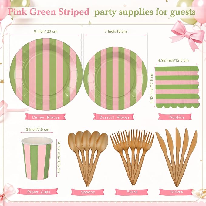 Mimorou 350 Pcs Green and Pink Striped Paper Plates and Napkins for 50 Guests, Striped Disposable Tableware Set Plates Cup Napkins Spoon Fork Knife for Wedding Baby Shower Birthday Party Supplies