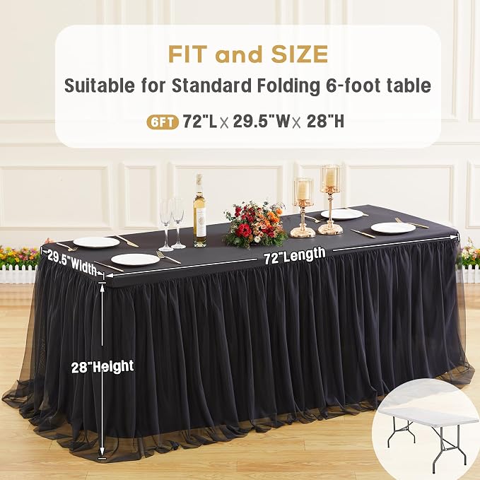 Suppromo 6 Pack Black Tulle Tablecloths for 6 Foot Rectangular Tables, 6ft Black Rectangle Table Cloths, Wrinkle Free Table Cover with Tutu Skirt for Wedding Birthday Party Banquet Buffet Decorations