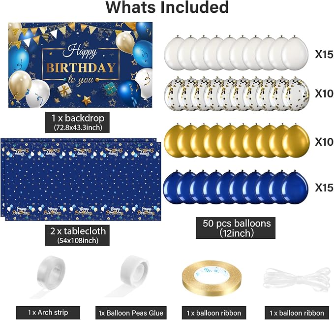 Moukeren Navy Blue and Gold Birthday Party Decorations 56 Pcs Happy Birthday Photography Backdrop Banner Tablecloths Confetti Balloons Kit for Boys Girls Men Women Party Supplies Decor