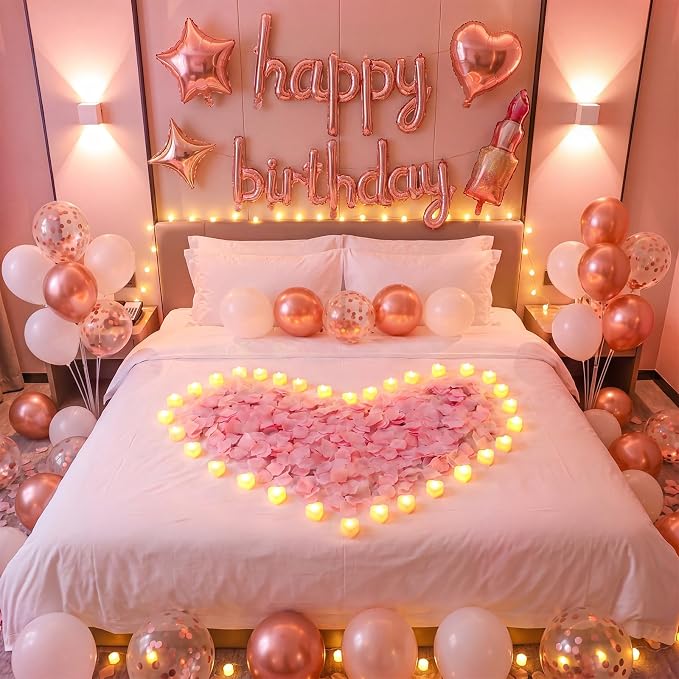 Realspring 170 Pcs Rose Gold Birthday Decorations for Women Birthday Room Decorations for Party Bedroom with Lipstick Heart Star Balloons Rose Gold Foil Fringe Curtains Pink Confetti Tea Light