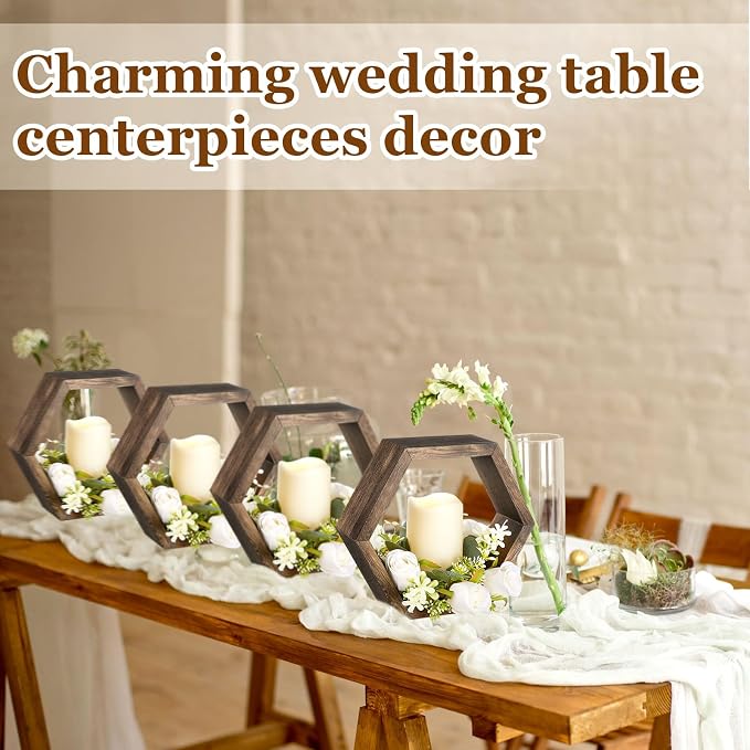 Colingmill 16 Pcs Wooden Candle Lantern Set Includes 8 Rustic Wedding Centerpieces for Table Decorative Candle Lanterns and 8 Flameless Decorative LED Candles for Wedding, Dark Brown, Hexagon