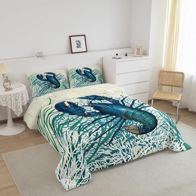 Feelyou Lobster Print Comforter Set Queen Size Kids Ocean Creature Comforter for Boys Girls Teens Marine Theme Bedding Set Underwater Animal Pattern Duvet Set Nature Pattern Quilt