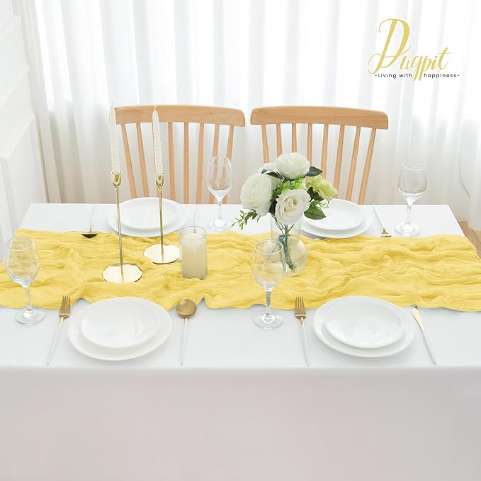 4Pack Light Yellow Cheesecloth Table Runner 10FT Gauze Cheese Cloth Table Runner 35x120Inch Long Boho Spring Easter Table Runners Rustic Sheer Table Runners for Wedding Baby Bridal Shower Decor