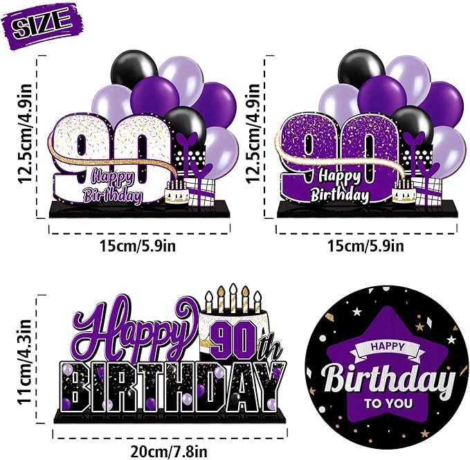 LINGTEER Happy 90th Birthday Purple Acrylic Table Topper Centerpieces Set - Cheers to Ninety Years Old Birthday 90th Bday Party Gift Decorations.