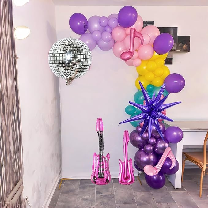 K-Pop Music Balloons Arch Kit, 119Pcs Pastel Hot Pink Royal Purple Teal Yellow Balloons Garland with Disco Guitar Notes Exploding Star Foil Balloon for Fans Singer Karaoke Birthday Party Decorations