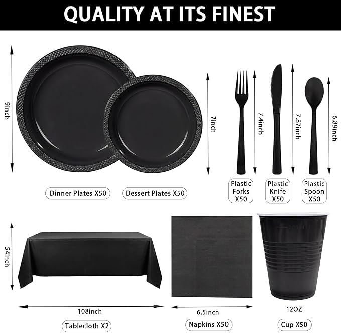 352 Pcs Black Plastic Plates Party Set, 50 Guests Disposable Dinnerware Set with Black Tablecloths, Elegant Black Plastic Plates Party Set for Wedding/Corporate Event/Formal Dinner/Gala