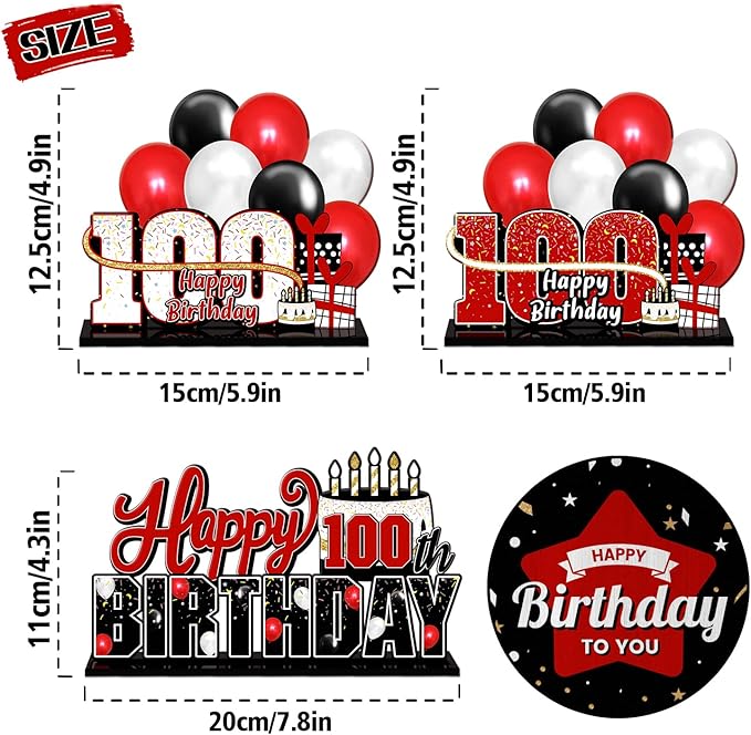 LINGTEER Happy 100th Birthday Red Acrylic Table Topper Centerpieces Set - Cheers to 100 Years Old Birthday 100th Bday Party Gift Decorations.