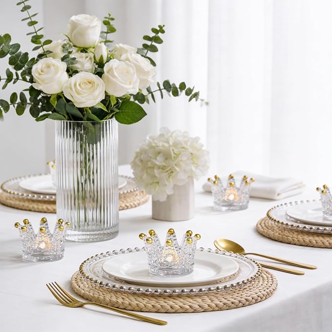 Rubtlamp 12 Pack Clear Gold Crown Candle Holder, Glass Tealight Candle Holder, Crystal Votive Candle Stand with Gold Tips for Dining Table Centerpiece, Wedding,Party,Dinner, Home Table Decor