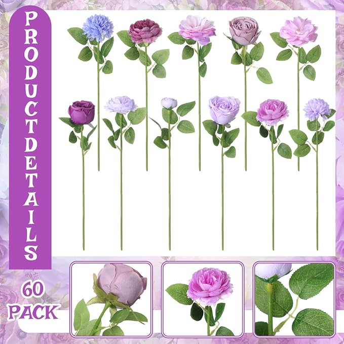 Lyrow 120 Pack Artificial Flower Hanging Flowers Ornament Floating Garland Ceiling Strings for Wedding Anniversary Engagement Marriage Proposal Floral Birthday Party Decor (Rose,Purple)