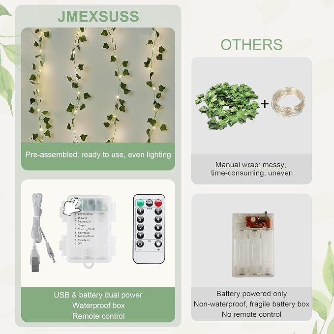 JMEXSUSS 200 LED Ivy Vine Lights, Fairy Curtain Lights USB & Battery Operated with Remote, 6.5x6.5ft Vines with Fairy String Lights for Bedroom, Dorm, Classroom, Wedding, Indoor, Outdoor Decor