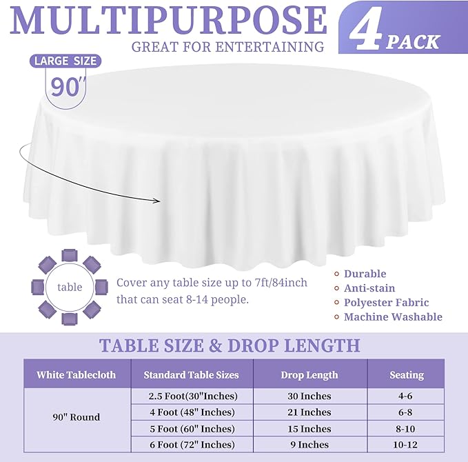 4 Pack White Round Tablecloth 90 Inch Washable Polyester Tablecloths for Round Tables Stain Resistant and Wrinkle Table Cloth Decorative Fabric Table Cover for Dining Wedding Party Banquet Buffet