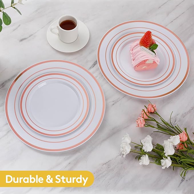 Goodluck 200PCS Rose Gold Plastic Plates, Heavy Duty Disposable Rose Gold Plates with 100 10.25 inch Dinner Plates and 100 7.5 inch Dessert Plates, Disposable Plates for Party, Wedding, Valentines