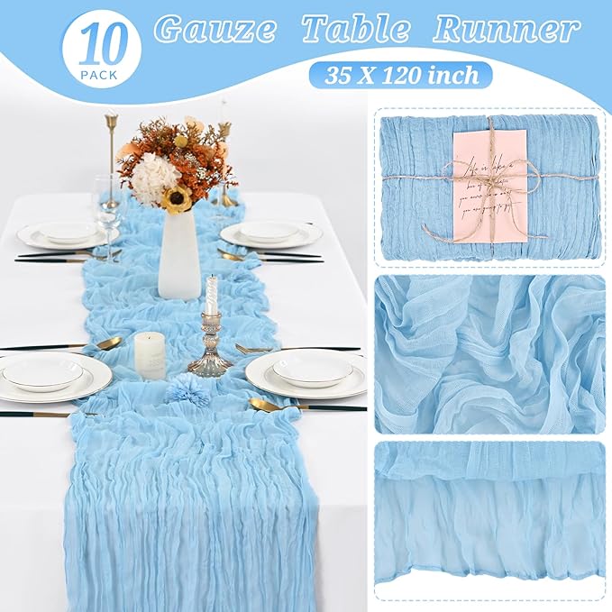 10 Pcs Baby Blue Cheesecloth Table Runner 10FT, Gauze Table Runner for Wedding Reception Sheer Bridal Shower Birthday Party Boho Table Decoration, Rustic Romantic Wedding Runner