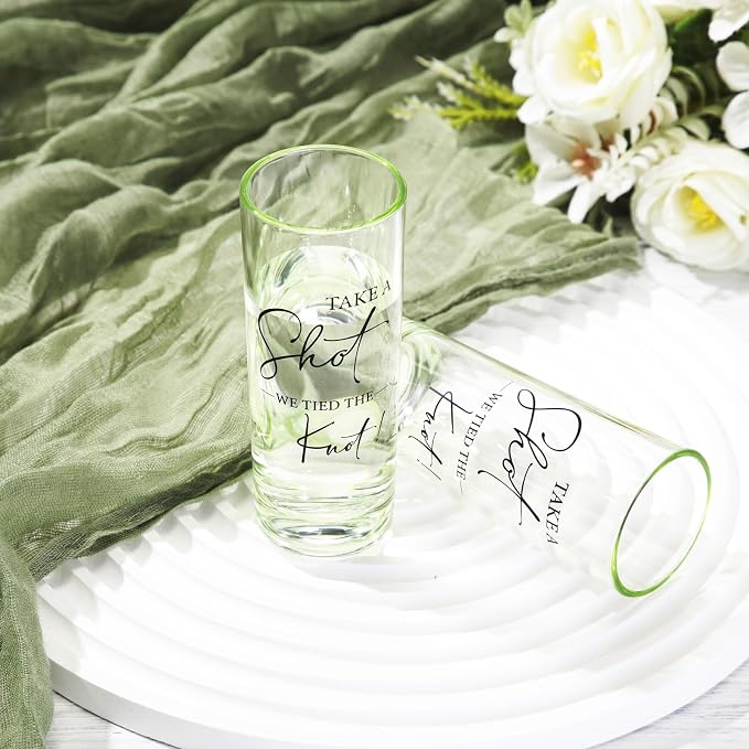 Sliner 100 Set Wedding Favors for Guests Bulk 2oz Acrylic Take a Shot We Tied the Knot Shot Glasses with Thank You Cards Organza Bags for Guest Souvenir Wedding Bridal Shower Gifts (Sage Green,Black)