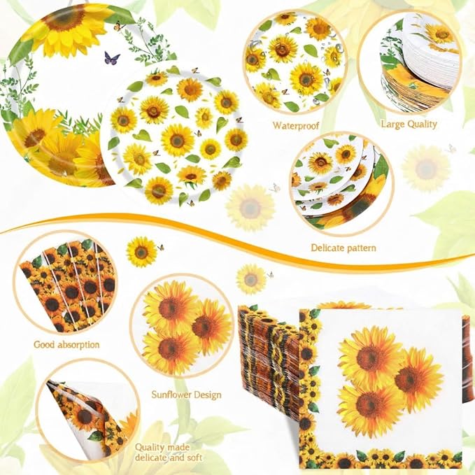 Pickmesh 400 Pcs Sunflower Party Supplies for 50 Guests Disposable Paper Plates Napkins Cups Spoons Forks Knives for Birthday Wedding Bridal Shower Baby Shower Sunflower Table Decorations