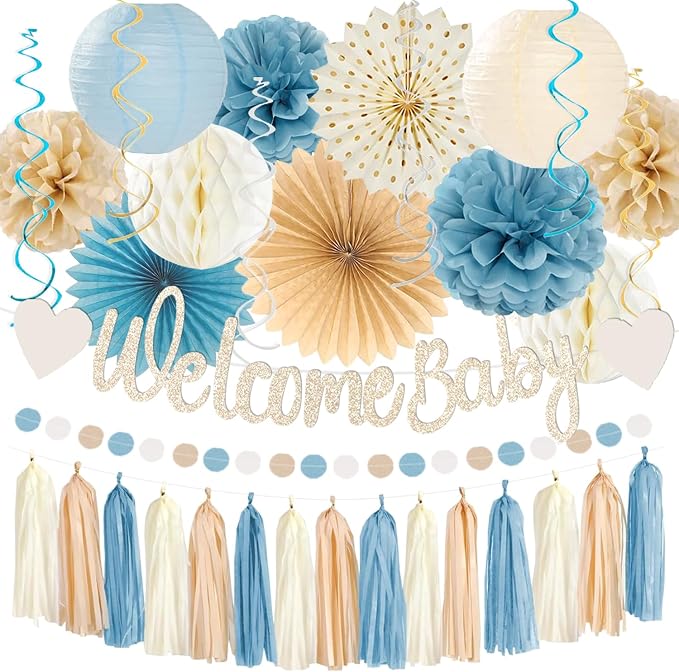 Light-Dusty Blue Boho Baby Shower Party-Decorations Beige Champagne Boy Neutral Welcome Baby Banner Décor With Honeycomb Balls Circle Dots Garland Lantern PomPoms Flowers Hanging Swirls Party Supplies