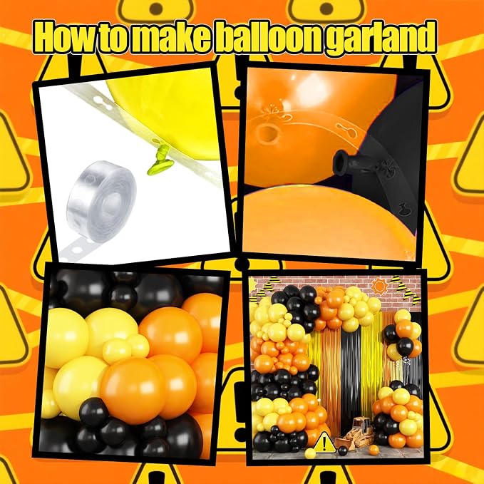 Construction Balloon Garland Arch Kit Birthday Party Decorations Supplies, Yellow Orange Black Foil Fringe Curtains Backdrop Tinsel Streamer Photo Booth Props Truck Car Themed Party Decor