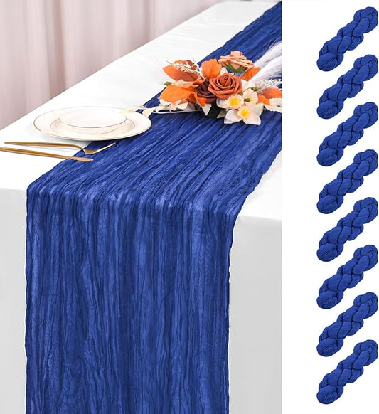 8 Pack Royal Blue Cheesecloth Table Runner 120 Inch 10FT Boho Rustic Sheer Gauze Cheese Cloth Table Runner for Wedding Baby Shower Birthday Party Table Decor
