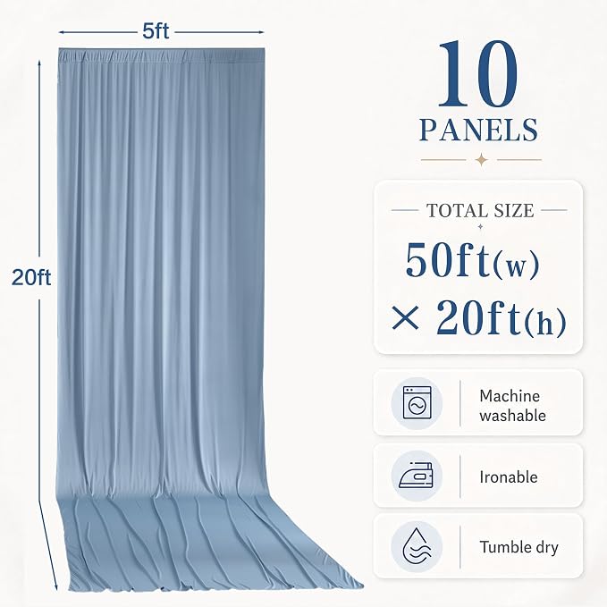 10 Panels 5x20ft Dusty Blue Ceiling Drapes for Wedding Parties, Wrinkle Free Thick Polyester 20ft Extra Long Wedding Draping Ceiling Curtains Arch Drapery for Birthday Party Canopy Tent Decor
