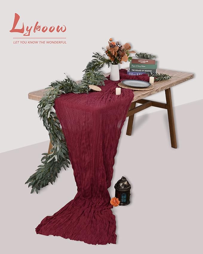 10 Packs Burgundy Cheesecloth Table Runner,10Ft x 35" Wine Red Rustic Gauze Boho Wedding Table Runner Decoration, Wedding Table Decor Table Cloth for Wedding Party Bridal Shower Table