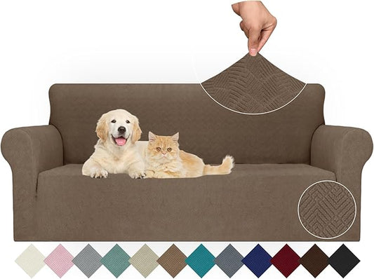 JIVINER Stretch Sofa Covers 1 Piece Couch Covers for 3 Cushion Couch Sofa, 3 Seater Sofa Slipcovers Furniture Protector with Elastic Bottom for Kids, Pets (Brown, Sofa)