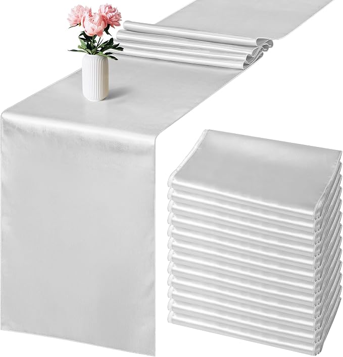 ANECO 4 Pack Satin Table Runner 12 x 108Inch Long Bright Silk and Smooth Fabric Party Table Runner for Wedding Banquet Party Decoration-Light Silver