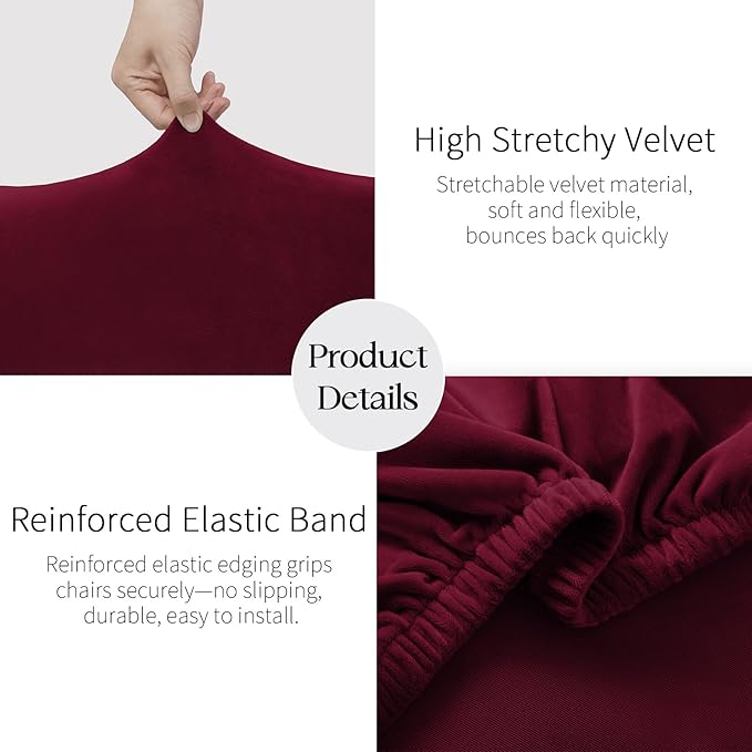 MOSAYT Velvet Stretch Chair Covers for Dining Room Set of 6 - Soft Slipcovers with Thick Removable Fabric for Parsons Chairs, Washable Seat Protectors for Kitchen, Banquet & Home Decor, Wine Red