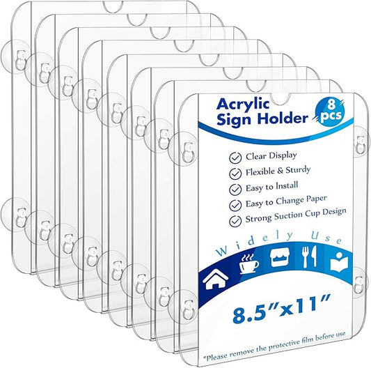 Handepo 8 Pack Acrylic Window Sign Holder 8.5 x 11 Inch with 4 Suction Cups Clear Frames Glass Door Mount Wall Signage for Office Restaurant Store Menu Display Home Notices (Classic style)