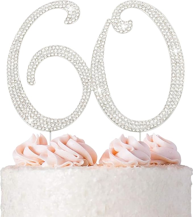 60 Cake Topper - Premium Silver Metal - 60th Birthday or Anniversary Party Sparkly Rhinestone Decoration Makes a Great Centerpiece - Now Protected in a Box