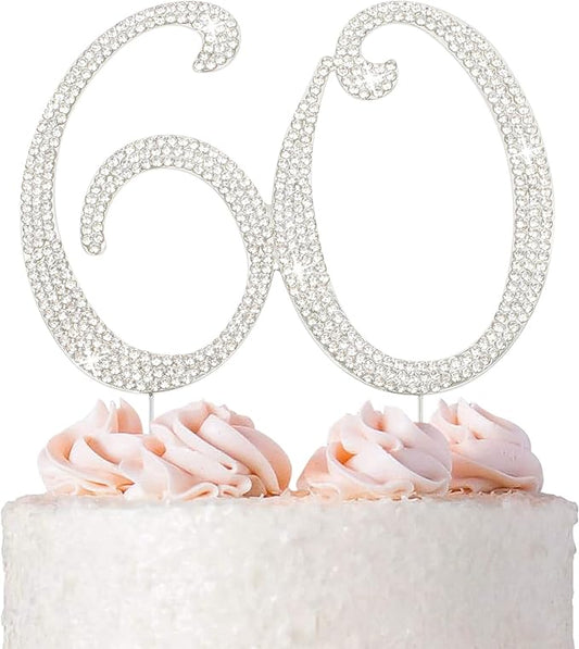 60 Cake Topper - Premium Silver Metal - 60th Birthday or Anniversary Party Sparkly Rhinestone Decoration Makes a Great Centerpiece - Now Protected in a Box