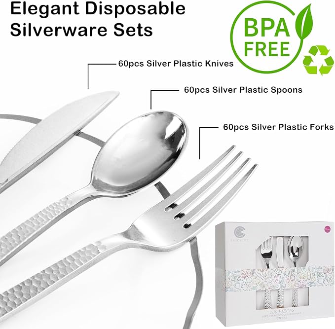 Supernal 180Pcs Silver Plastic Silverware Set, Elegant Hammered Design Heavy Duty Disposable Cutlery, Includes 60 Forks, 60 Knives, 60 Spoons,Silver Plastic Utensils for Wedding, Parties,Events